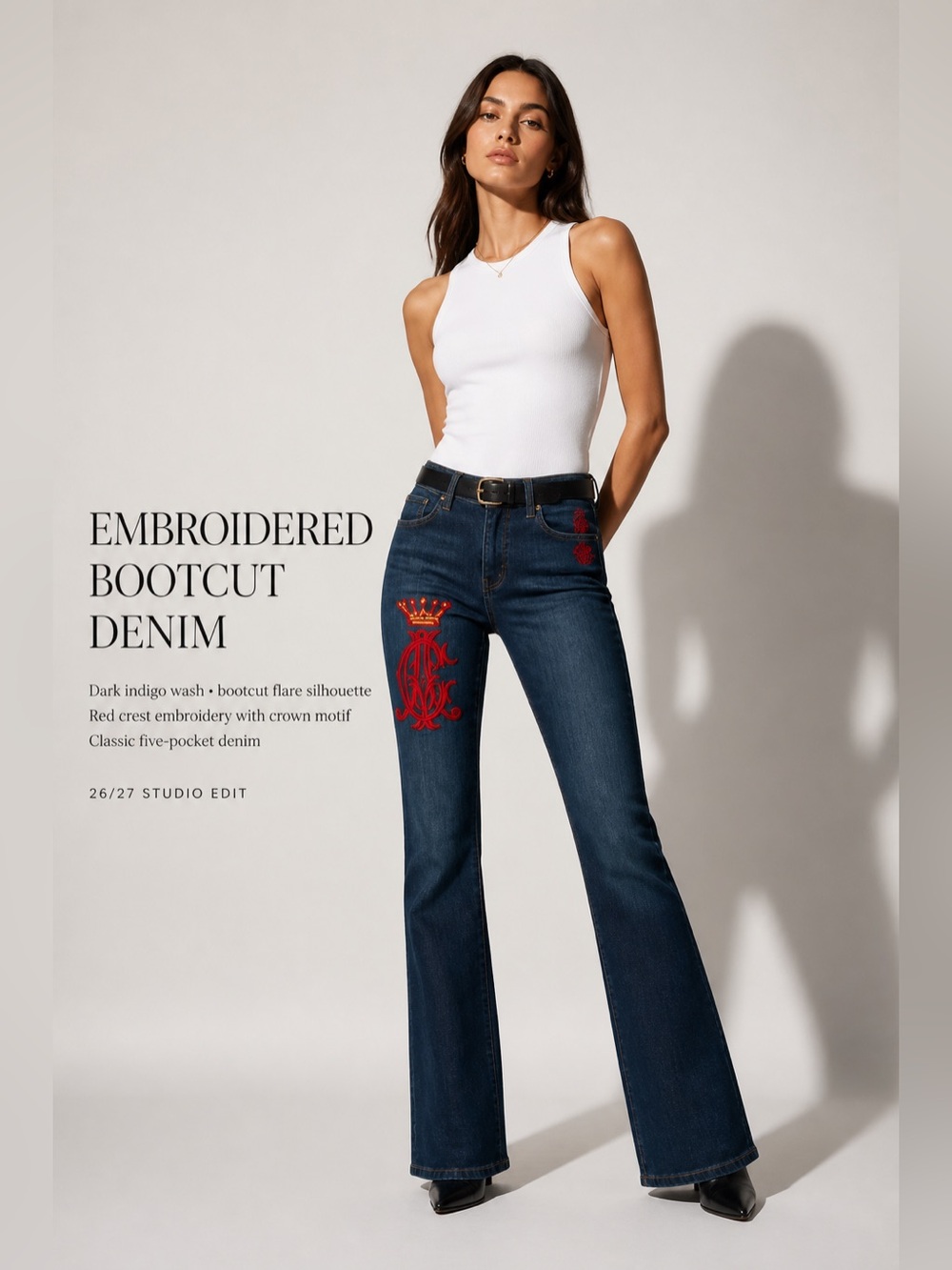 Christian Audigier Straight Leg Jeans with Red Crown Embroidery